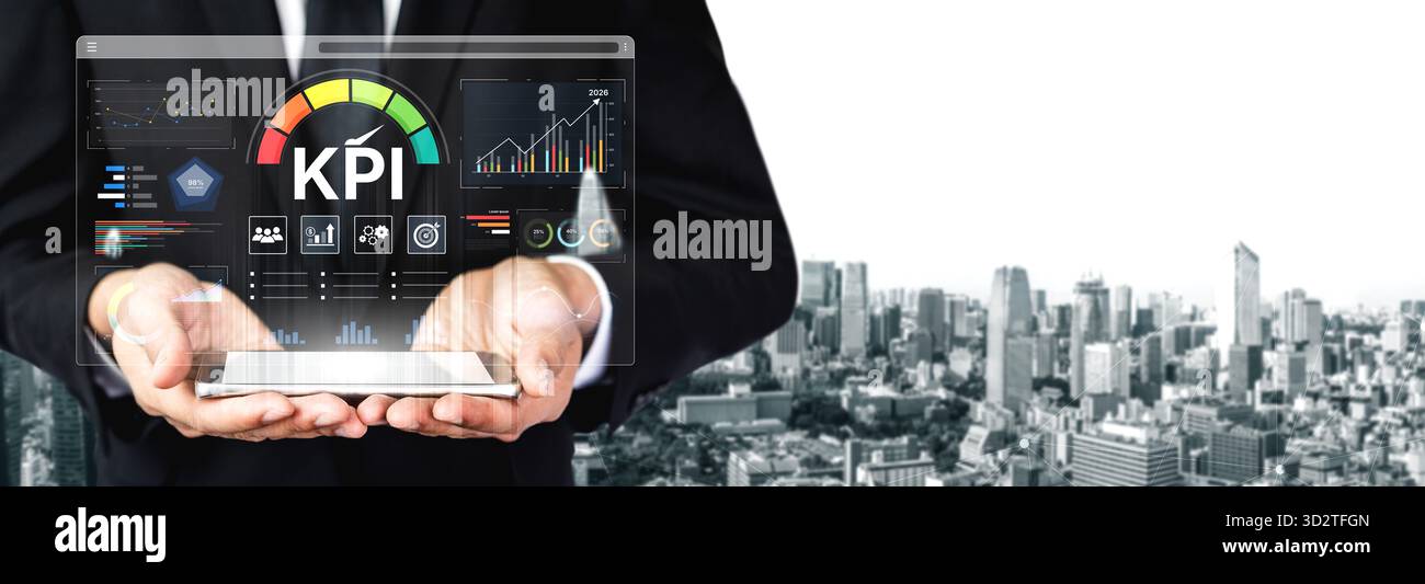 Ein Business Intelligence-Dashboard, das verschiedene Key Performance Indicators (KPI) anzeigt. Die Datenvisualisierung verfolgt Geschäftskennzahlen und -Kennzahlen pro Stockfoto