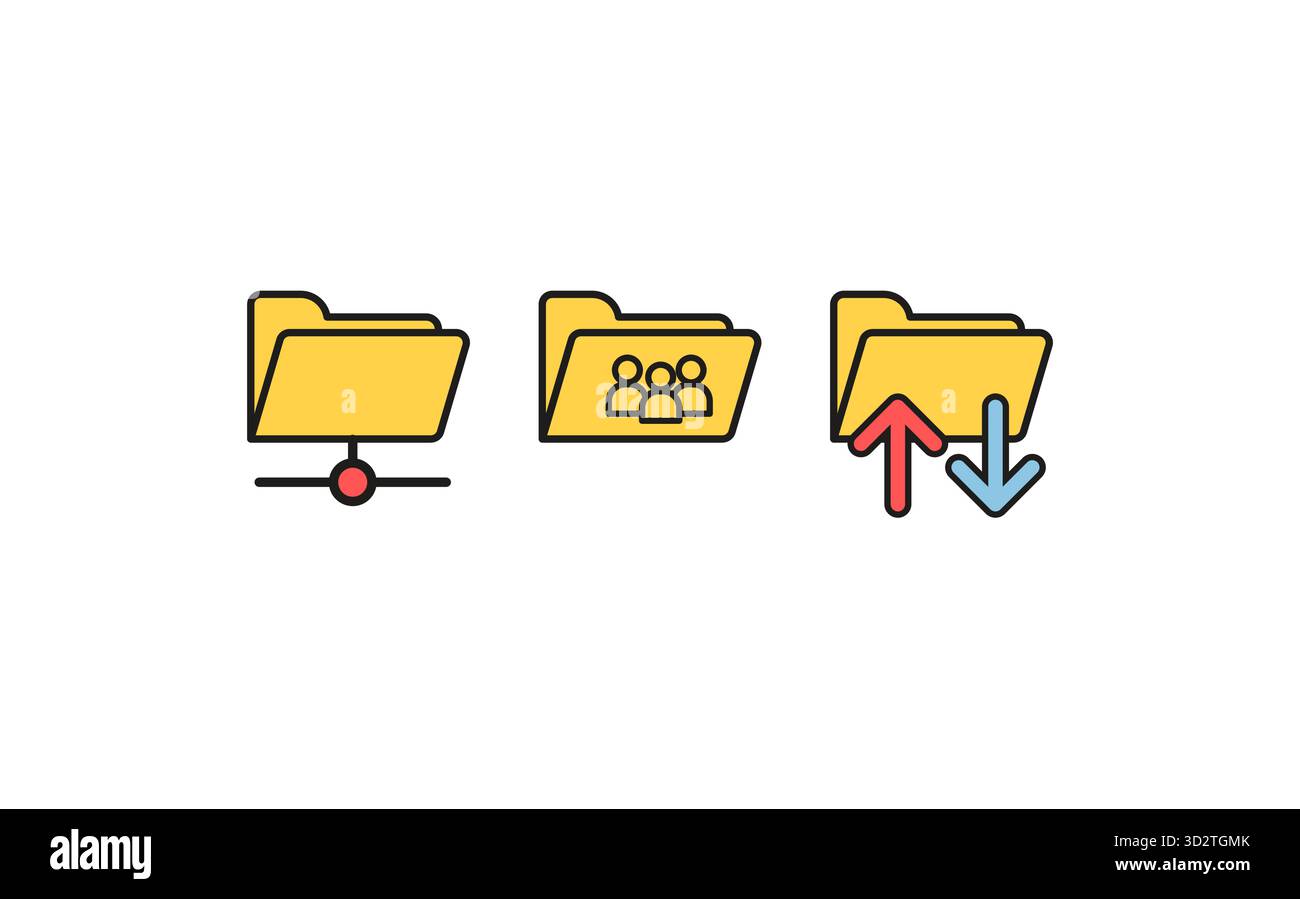 Set aus Symbolen für gemeinsam genutzte Ordner im Retro-Stil mit digitaler Benutzeroberfläche mit klassischer Computerästhetik und symbolischen Elementen für Teamarbeit und Organisation. Flach Stock Vektor