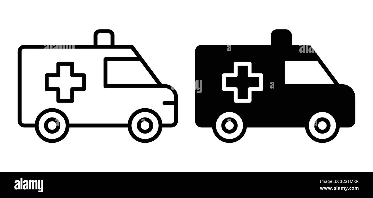 Grafische Darstellung eines Rettungswagens in zwei Varianten, schwarz und weiß. Geeignet für Gesundheits-, Notfall- und Transportthemen in Grafiken Stock Vektor