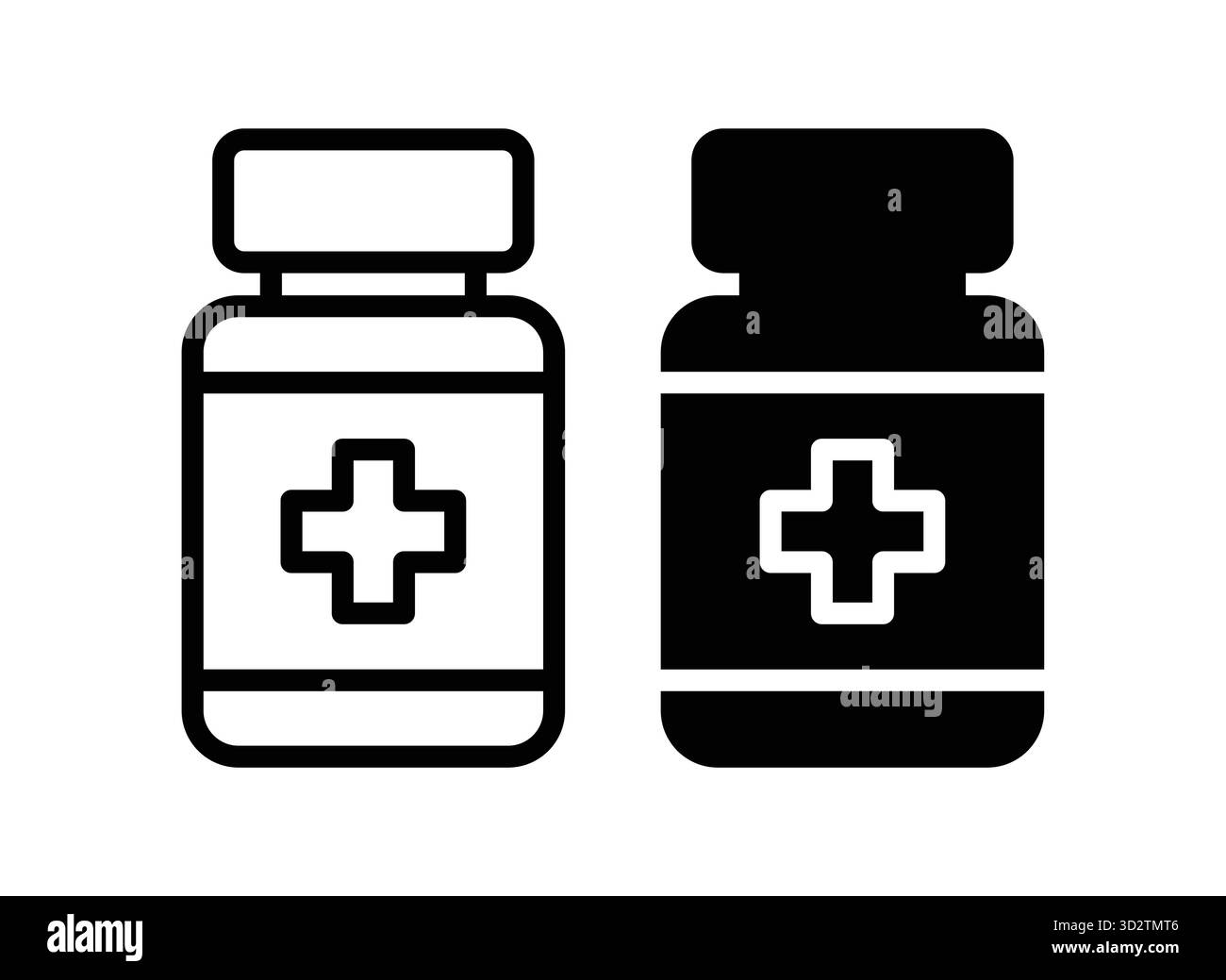 Einfache schwarz-weiße Illustration von Medizinflaschen mit Kreuzsymbol, perfekt für Gesundheitsthemen in medizinischen Designs oder Wellness-bezogenen Themen Stock Vektor