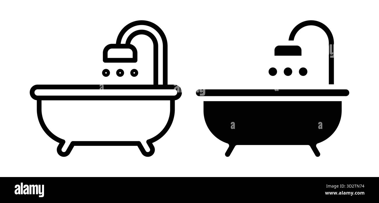 Diese Grafik zeigt einen minimalistischen Umriss einer Badewanne mit Dusche. Es bietet einfache Designelemente in Kontrastfarben, ideal für moderne Stock Vektor