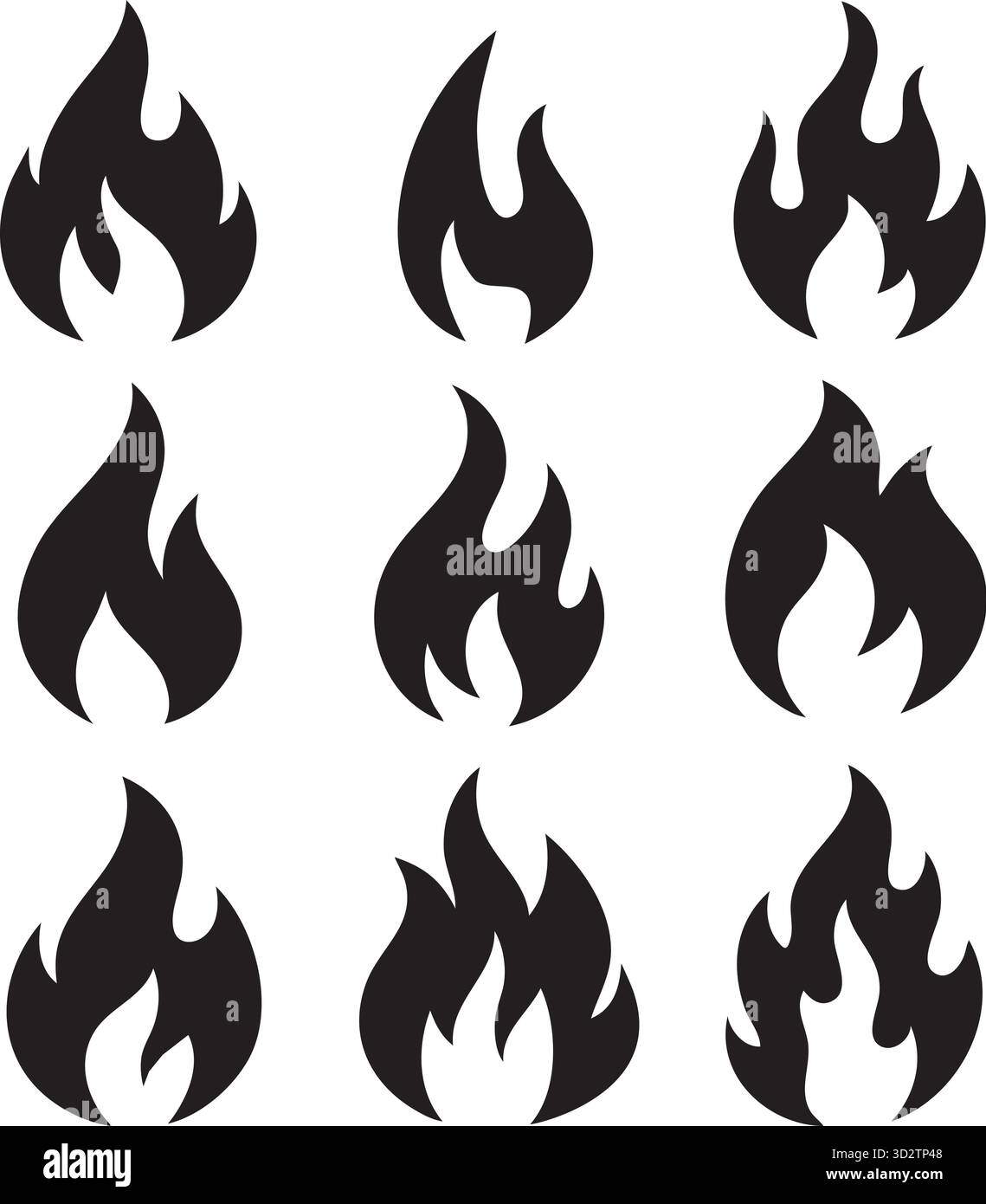 Set mit 9 Feuer Flammen Vektor-Icons: Einfache Schwarz-weiß-Heizelemente Sammlung Stock Vektor
