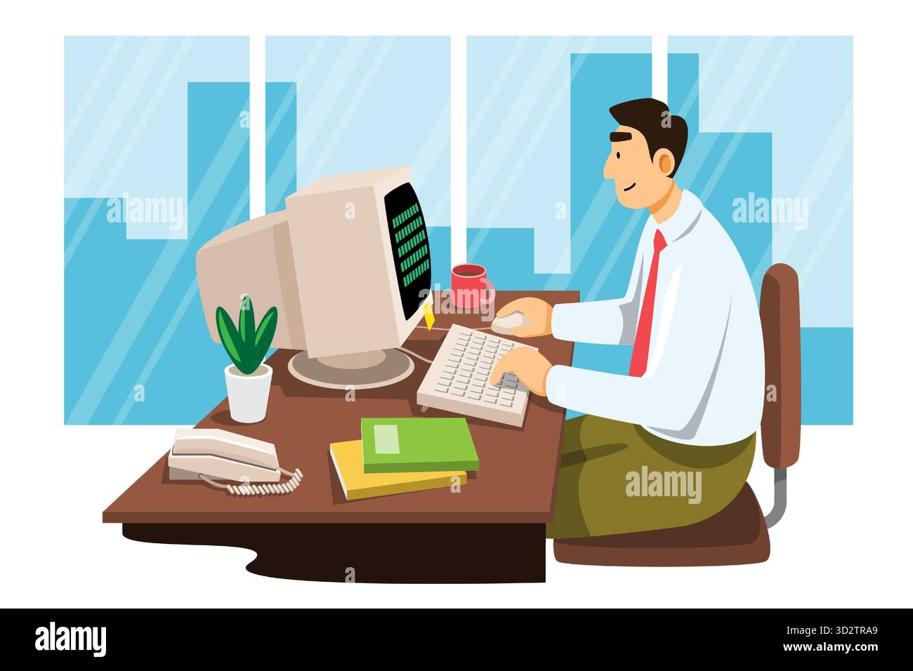 Zeitalter der Information. Büroangestellte, die an Computern arbeiten. Zeichentrickfigur. Isolierter weißer Hintergrund. Vektor. Stock Vektor