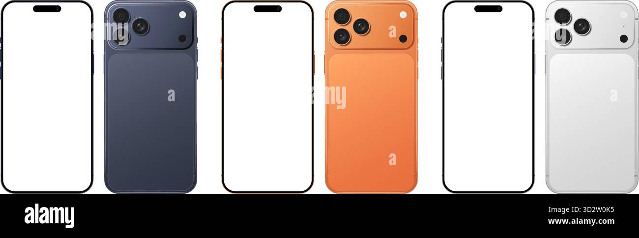 Leeres Display für Mobiltelefone, farbenfrohe Geräte für Werbung und soziale Medien. Neueste moderne Vorder- und Rückseite des Smartphones Stock Vektor