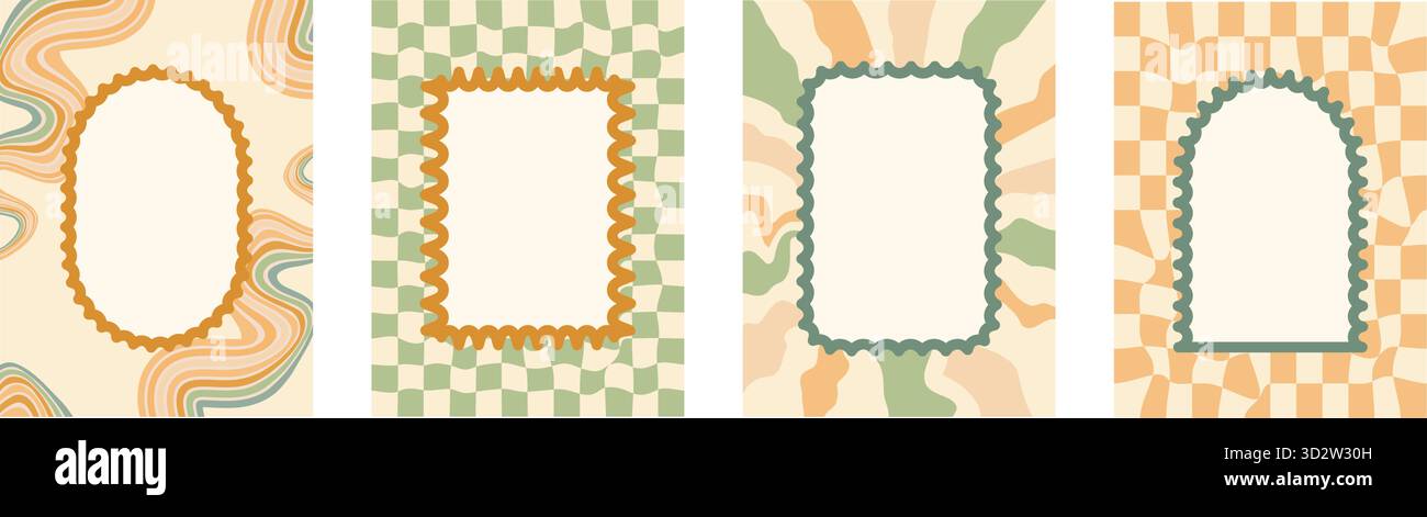 Geometrisches Set mit funkigen Rahmen mit Muschelmuster. Gewellter, grooviger Bogen, rechteckige und ovale Ränder auf Schachbrett- und Regenbogenlinien Hintergrund. Poster mit wackeligen Stri Stock Vektor
