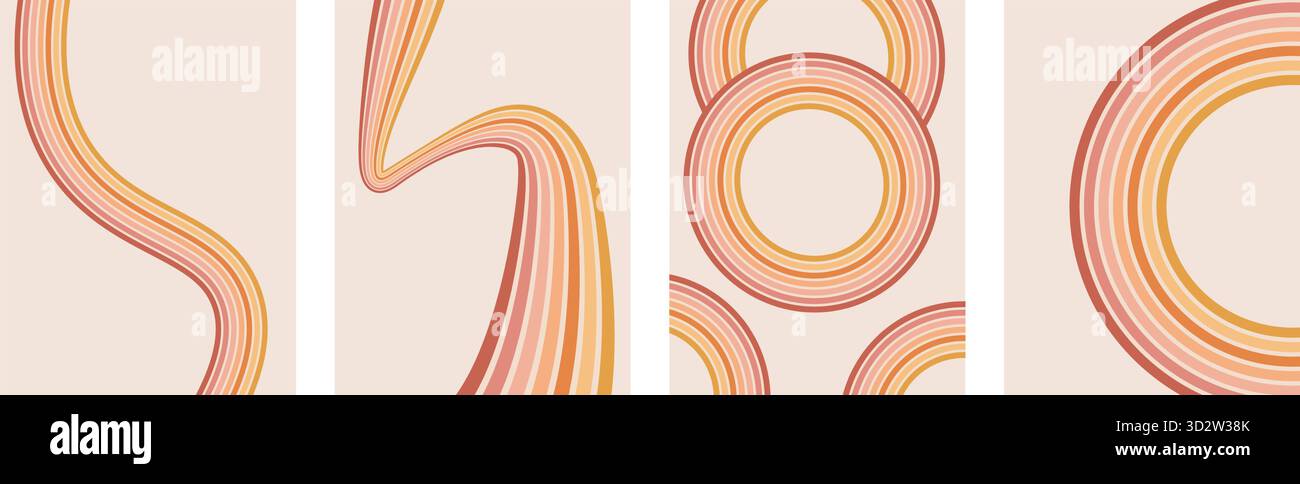 Groovige Regenbogenlinien und -Kreise im Hintergrund. Hüllen in Vintage-Farben mit gewellten Streifen. Verspielte Wandmotive mit Wellenbogen. Vektor Retro Beige Wackeldekoration Stock Vektor
