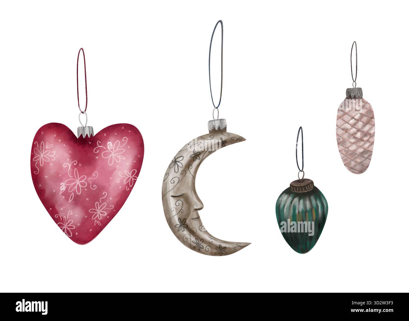 Aquarellillustration von Vintage-Weihnachtsbaumschmuck. Stockfoto