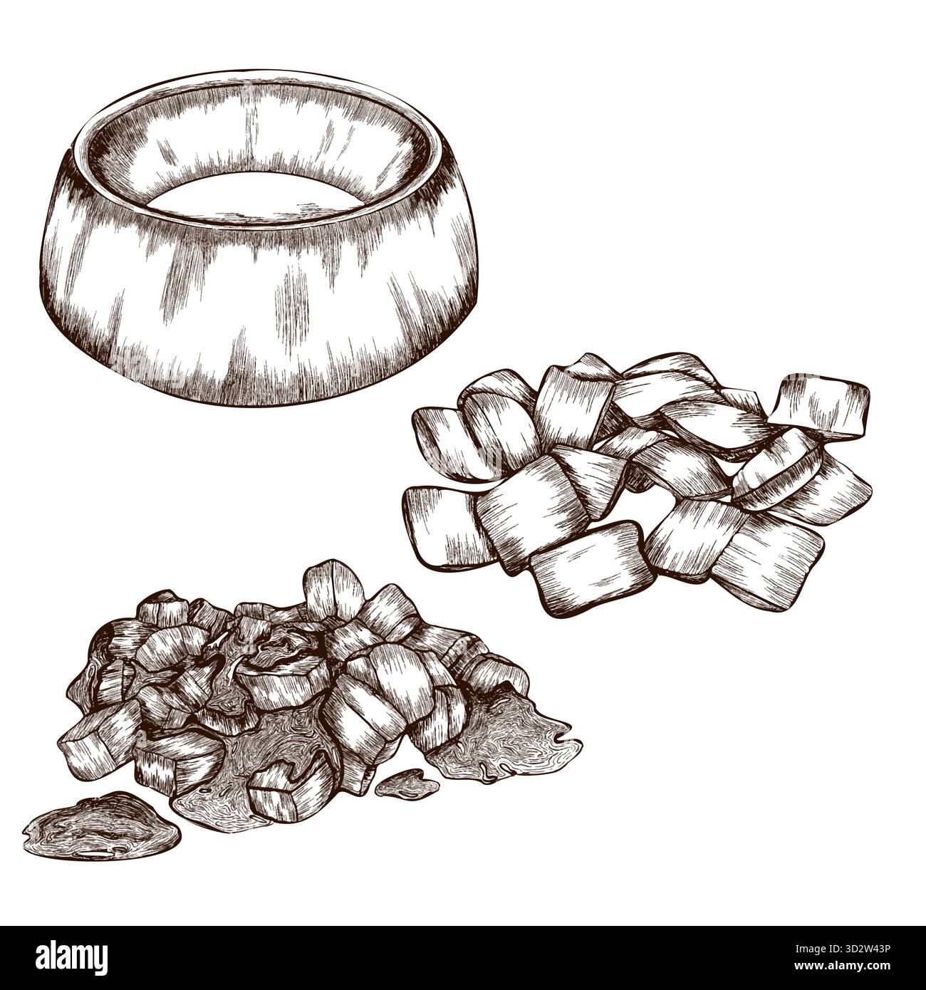 Vektorgrafisches Bild einer Schüssel für Hunde und Katzen sowie Flüssig- und Trockenfutter Stockfoto