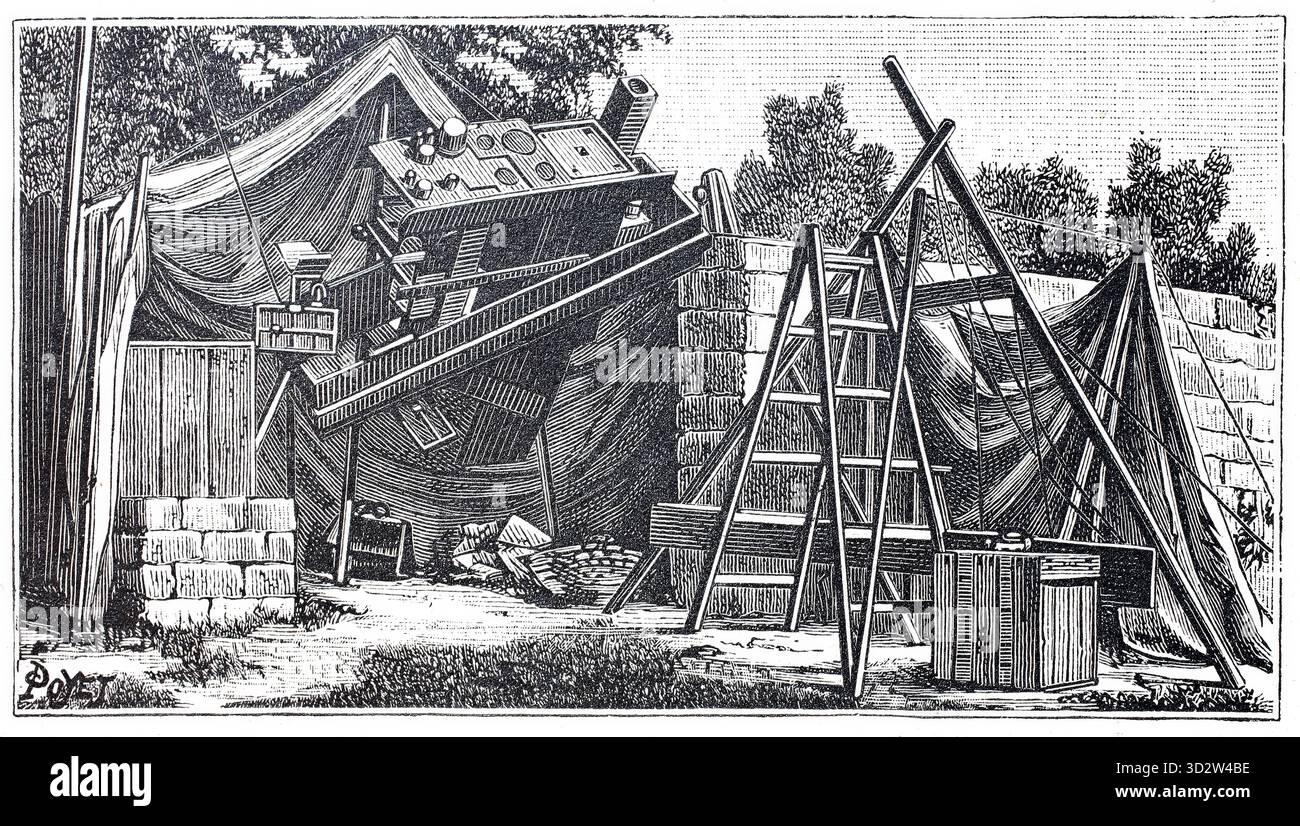 Beobachtungsstand für eine Sonnenfinsternis in Oberägypten, um 1880, Abbildung der benutzten Instrumente, Illustration, Historisch, Reproduktion von e Stockfoto