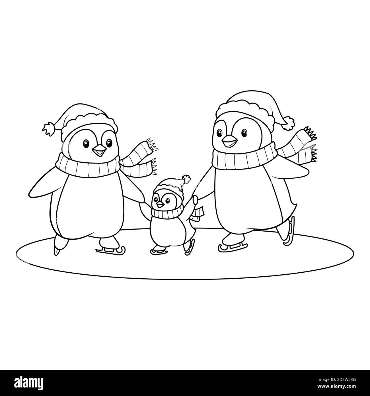 Schwarz-weiße Vektor-Ausmalseite, die eine niedliche Pinguin-Familie zeigt, die zusammen Schlittschuhlaufen läuft. Eltern und Pinguine, die Schals und Hüte tragen, genießen ein Fu Stock Vektor