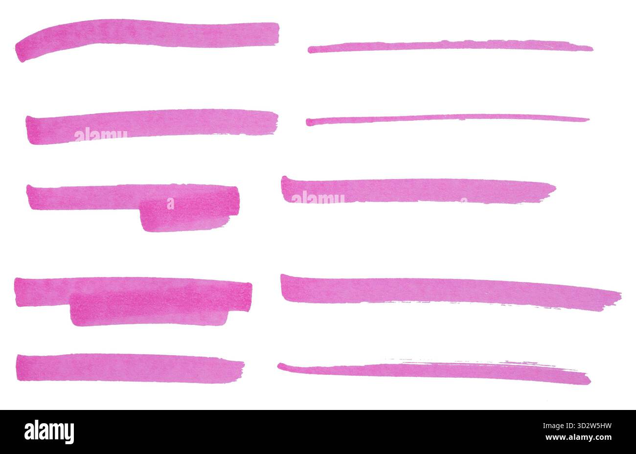 Handgezeichnetes Pinselstrichset mit Pinselstrichen, abstrakte Tintenlinien für Unterstreichung, Hervorhebung, Texttrennzeichen, Designelement, Kritzelskizze, isolieren Stockfoto