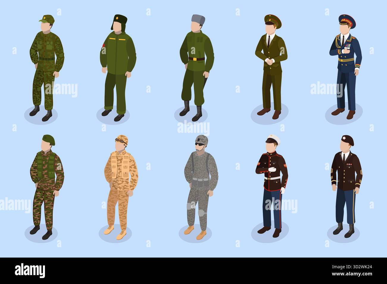 3D Isometrischer flacher Satz von Militärpersonen, Charaktere in Uniform 3D Isometrischer flacher Satz von Militärpersonen, Charaktere in Uniform Stockfoto