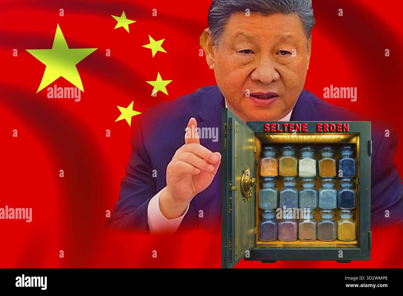 Symbolisches Bild, seltene Erden, abhängig von China mit 90% Rohstoffbesitz, Abhängigkeit der Industrie, seltene Erden für Europa und USA, Trump und Xi Jin Stockfoto
