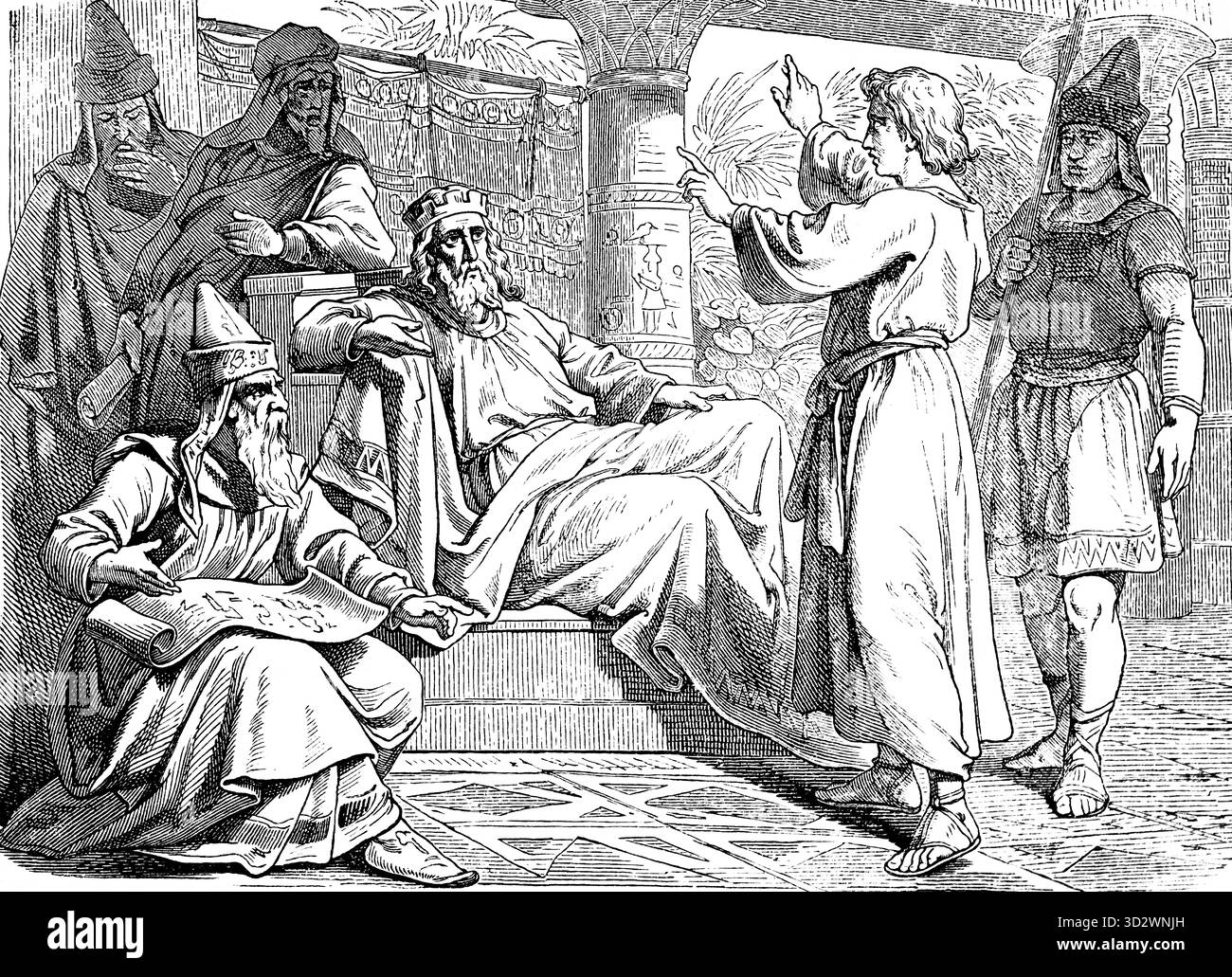 Joseph interpretiert die Träume des Pharaos, erstes Buch der Genesis, Kapitel 41, Nil, fette Kühe, Weiden, sieben hässliche und dünne Kühe essen, sieben volle Ohren Stockfoto