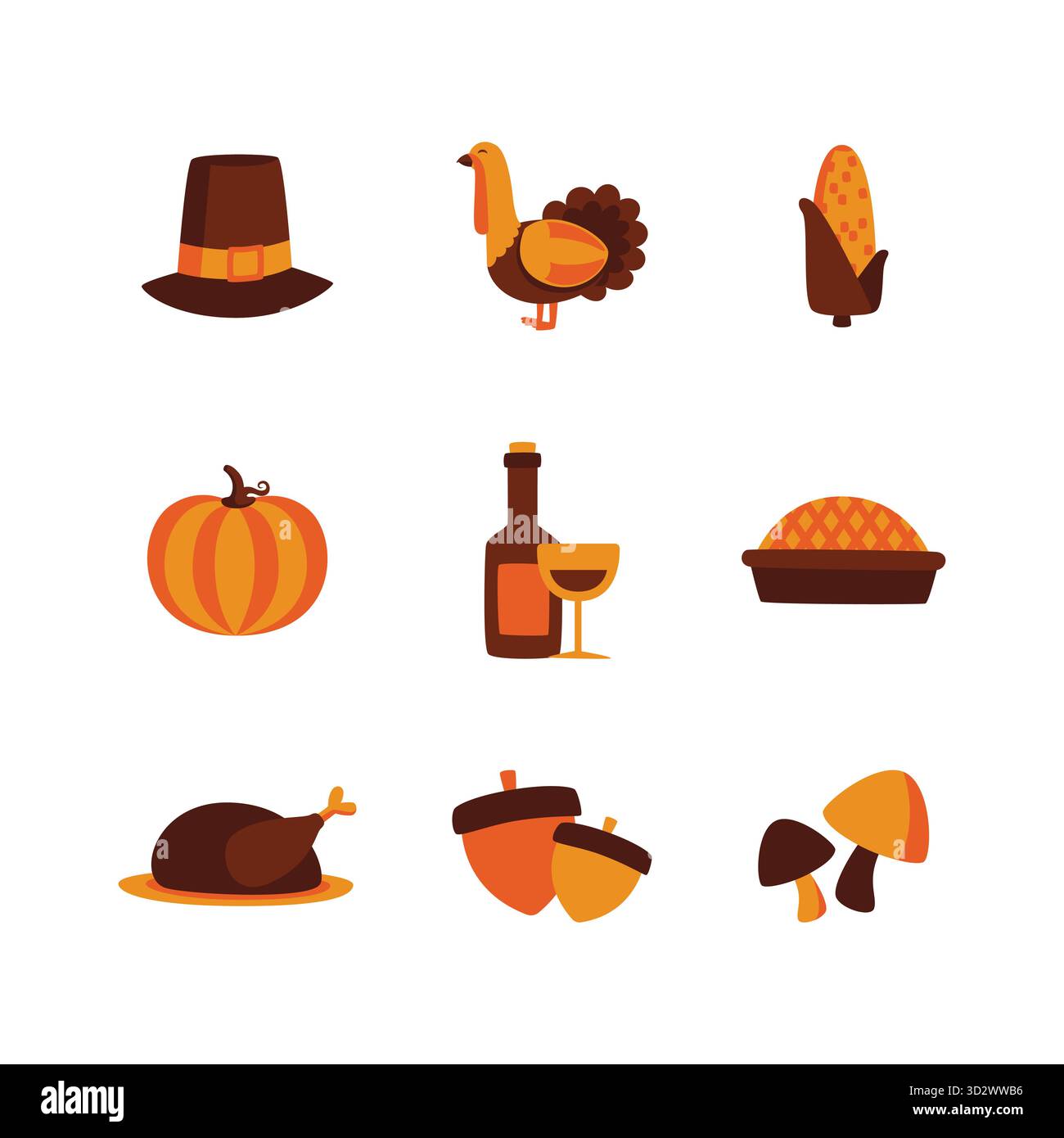 Flaches Thanksgiving-Symbol-Set mit Pilgermütze, truthahn, Kürbis, Kuchen, Wein, Mais, Eicheln und Pilze isoliert auf weiß. Stock Vektor