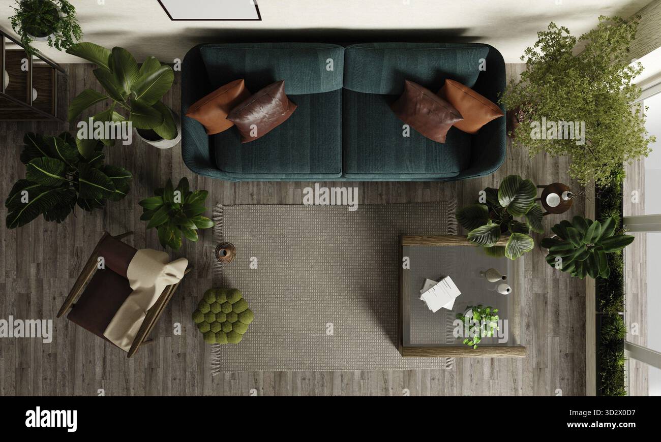 Blick aus der Vogelperspektive auf ein nachhaltiges Wohnzimmer mit üppigem Grün, umweltfreundlichem Dekor und ruhiger Atmosphäre Stockfoto