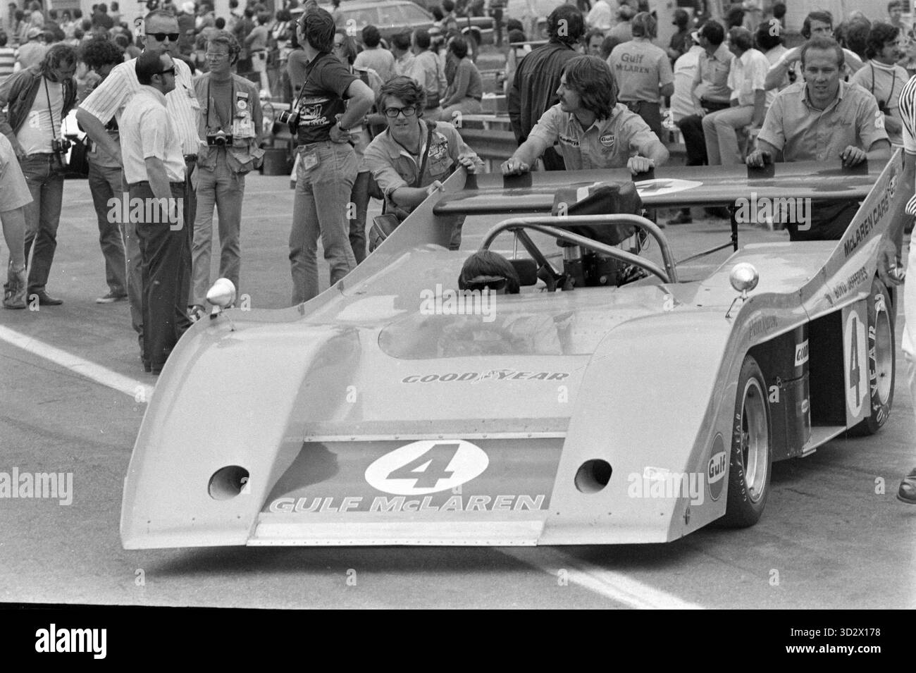 Der 4. McLaren M20-Wagen des Fahrers Peter Revson von McLaren Racing, wie er beim Can-am-Rennen am 6. August 1972 auf der Rennstrecke in Lexington, Ohio, gesehen wurde. Foto: Ernie Mastroianni Stockfoto