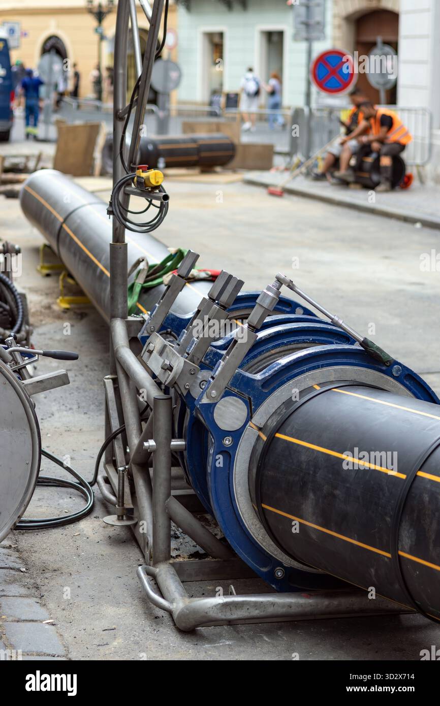 Baustelle einer Fernwärmeleitung im Stadtzentrum von Prag Stockfoto