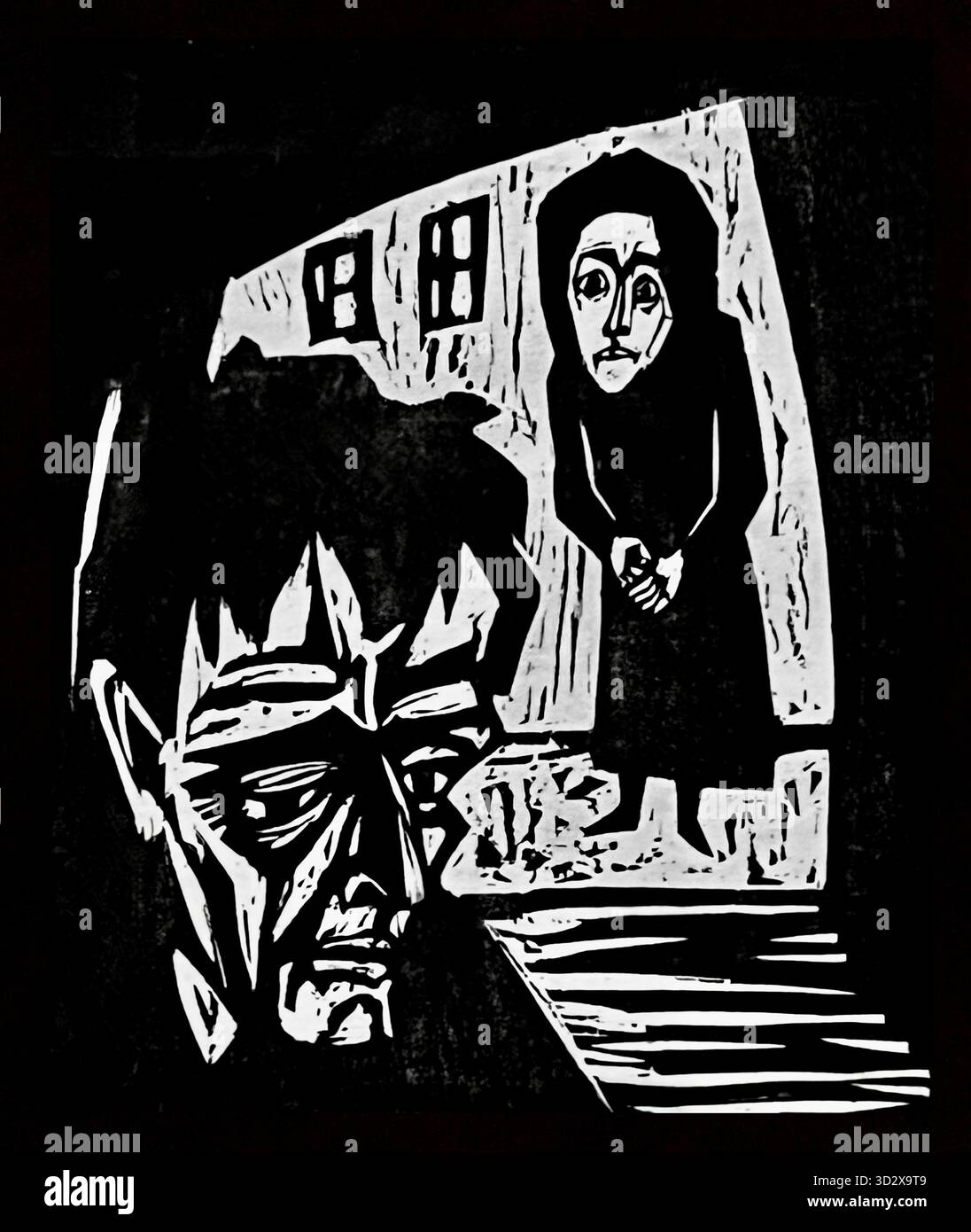 Hermann Scherer - Rodion Raskolnikov - in the Bogenway - 1926 - das Kunstwerk ist ein für den expressionistischen Stil charakteristischer, kontraststarker Holzschnitt, der kräftige Striche und verzerrte Formen verwendet, um intensive Emotionen zu vermitteln. Es zeigt eine Szene aus dem Dostojewski-Roman Verbrechen und Bestrafung, insbesondere den gequälten Zustand der Figur Raskolnikow. Stockfoto