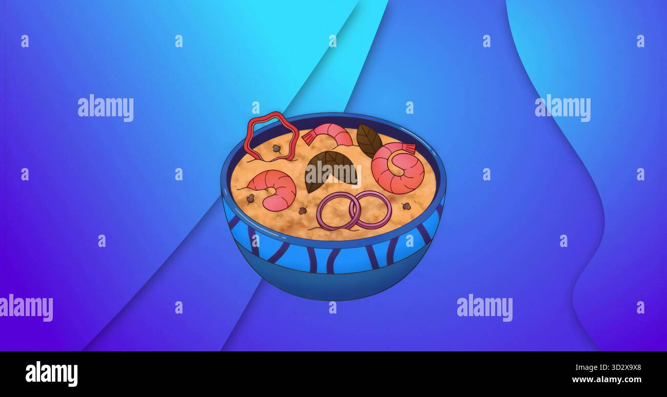 Schwimmende blaue Keramikschale mit gelbem Reis mit Garnelen, Zwiebelringen und Pfefferkörnern auf Gradient Stockfoto