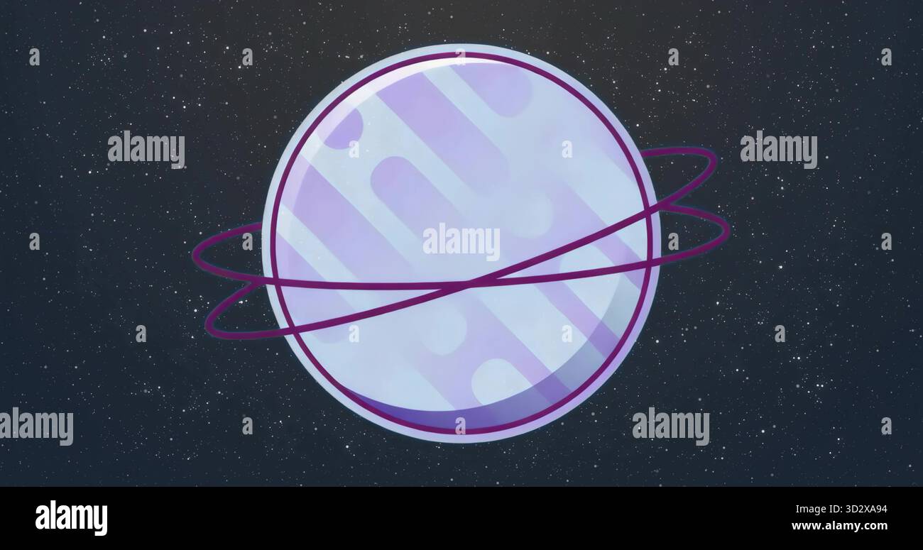 Ein pastellfarbener Planet mit geometrischen Mustern im Weltraum, ineinander verflochtenen violetten Ringen Stockfoto