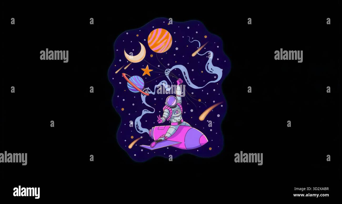 Astronaut reitet Rakete durch den violetten Raum, hält Staubweg mit Mondsichel, umringter Planet Stockfoto