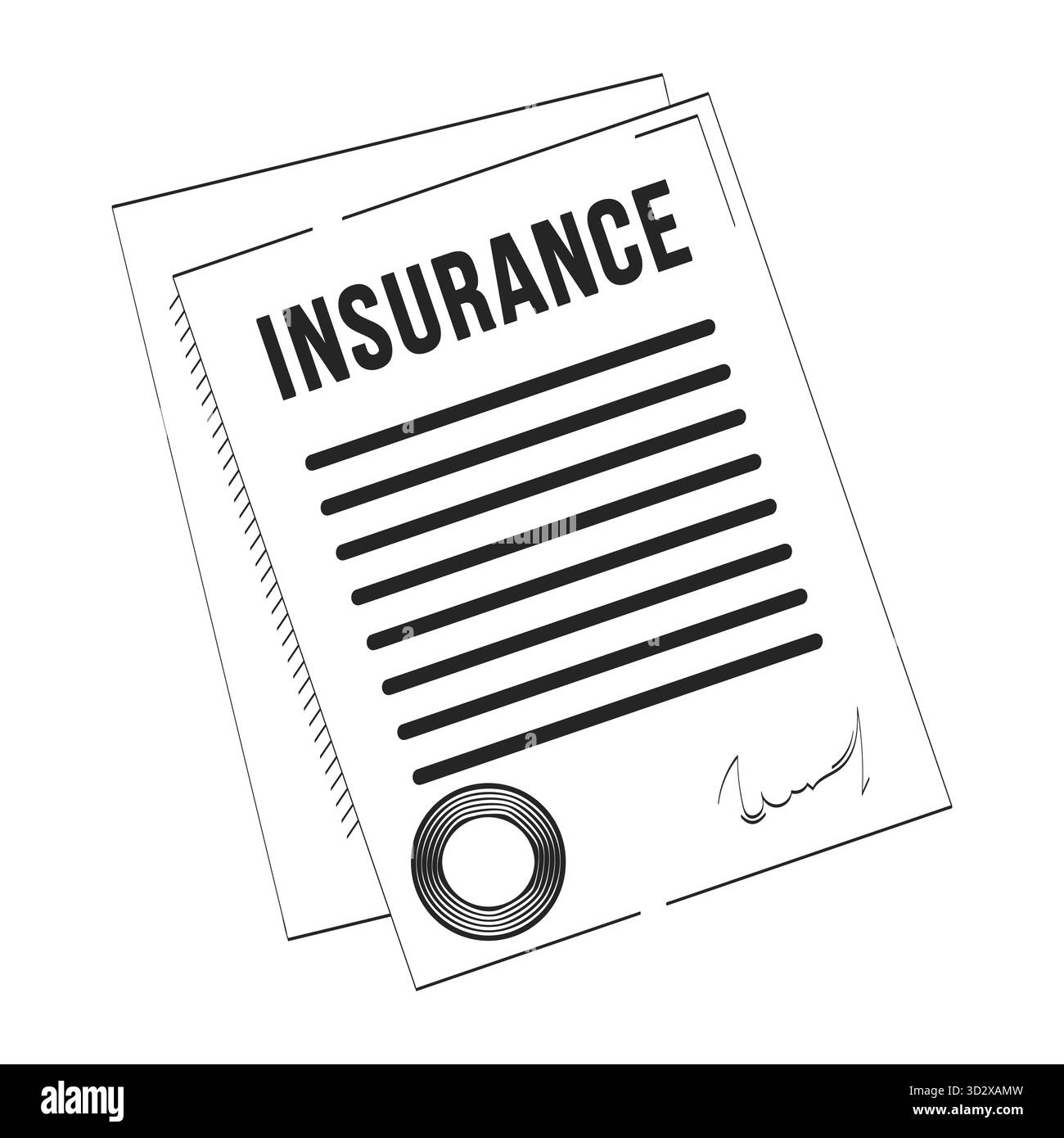 Versicherungsdokument mit Siegel und Unterschrift Doodle lineares Objekt Stock Vektor