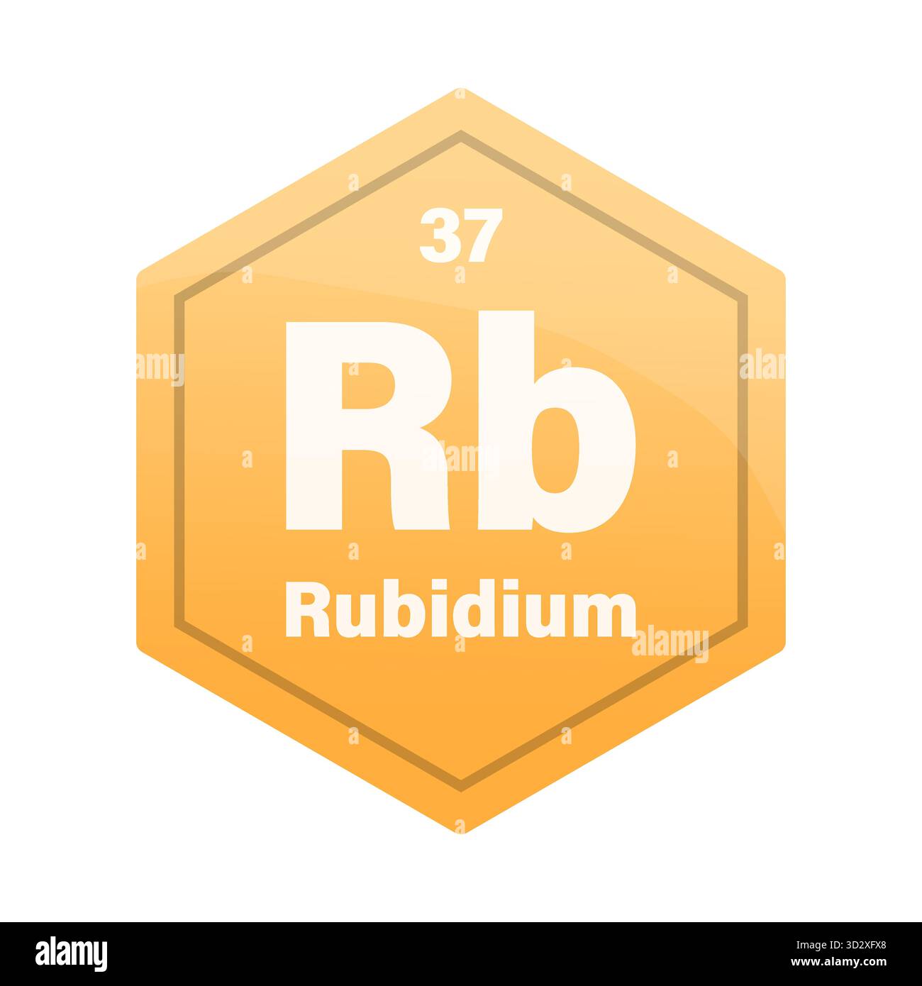 Rubidium chemische Elementfliese. Atomzahl siebenunddreißig. Vektorsymbol für RB-Zeichen. Orangebrauner Gradient-Sechskant. EPS 10. Stock Vektor