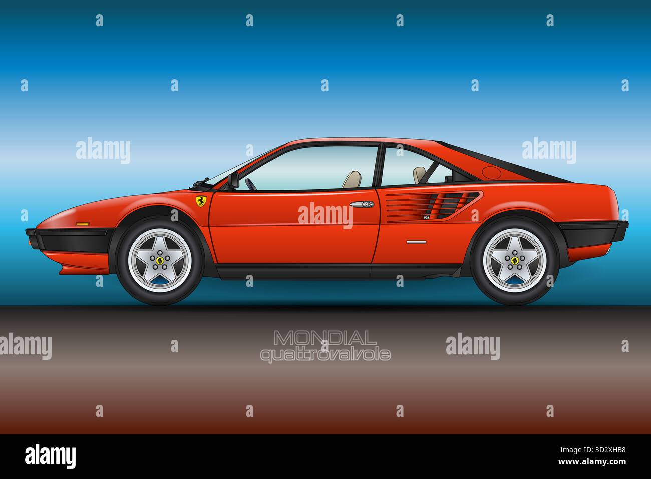 Maranello, Modena, Italien, Jahr 1982, Ferrari Modell Mondial Quattrovalvole klassischer historischer Sportwagen, Illustration Stockfoto