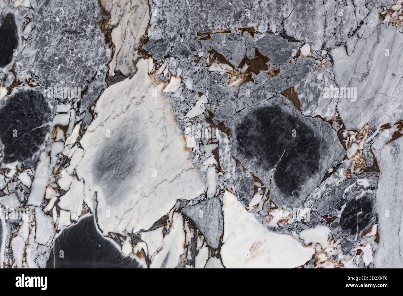 Polierte Marmoroberfläche mit starkem Kontrast und Venenmuster, ideal für High-End-Design. Satte schwarze und weiße Marmoroberfläche Stockfoto