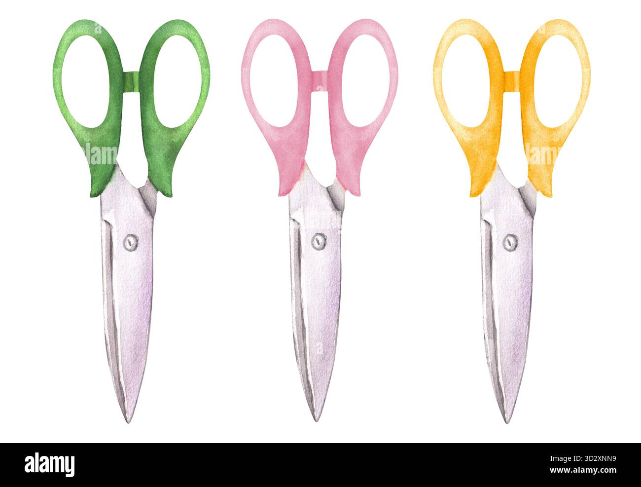 Drei Scheren mit grünen, rosa und gelben Griffen. Schneiderei. Schneiderwerkstatt. Handgezeichnete Aquarellillustration zum Nähen, Stricken Stockfoto