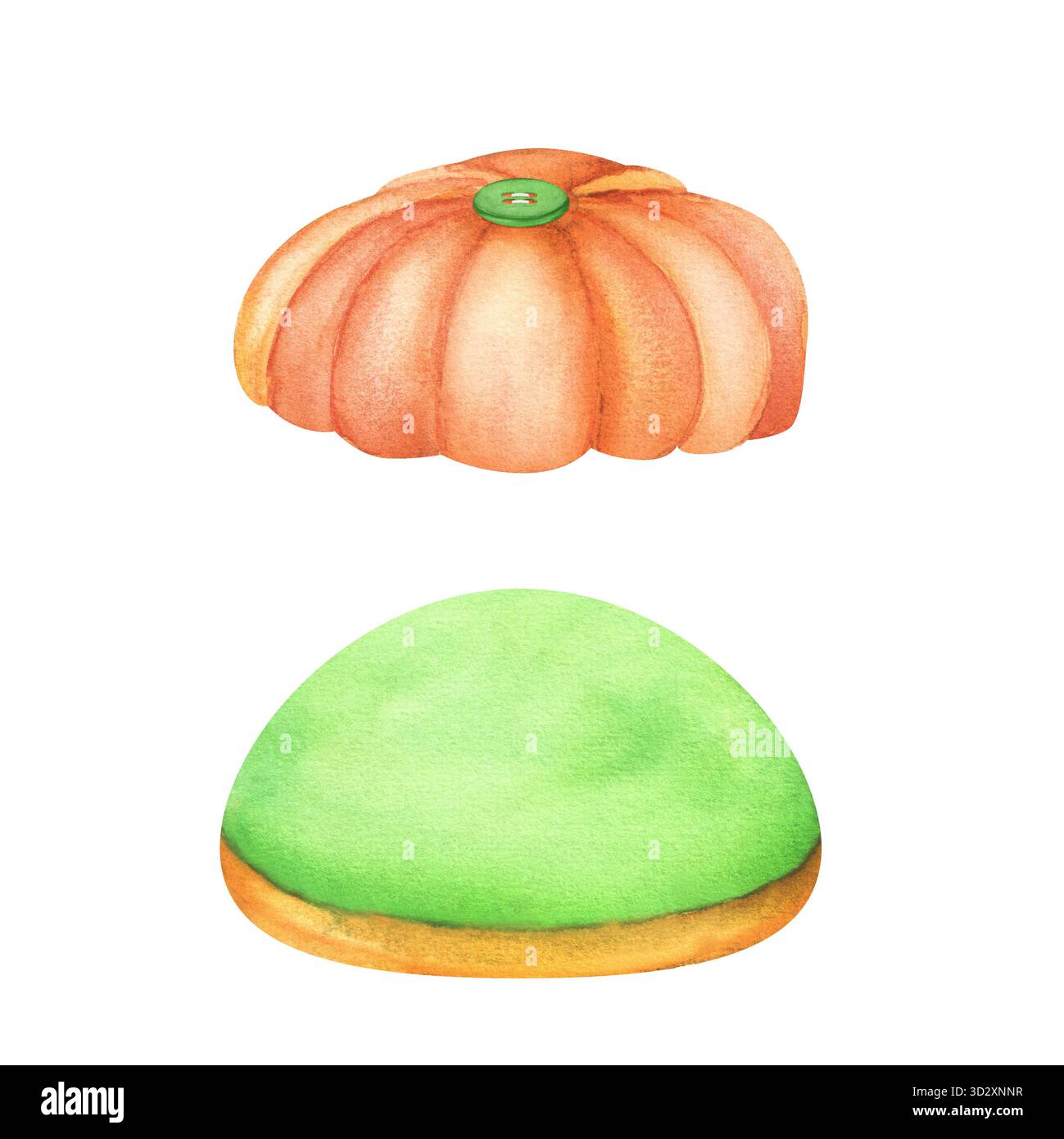 Orangefarbenes Kissen mit grünem Knopf und grünem Textilkissen. Clipart wird vernäht. Maßgeschneidert. Schneiderei. Handgezeichnete Aquarellillustration für Sewin Stockfoto