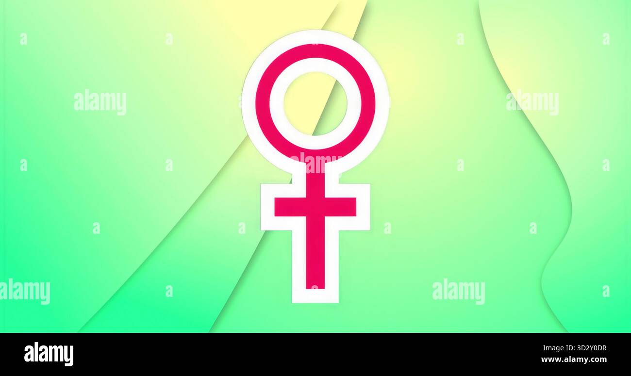 Das auffällige pinkfarbene weibliche Geschlechtssymbol schwebt über einem mehrschichtigen grünen bis gelben abstrakten Hintergrund Stockfoto