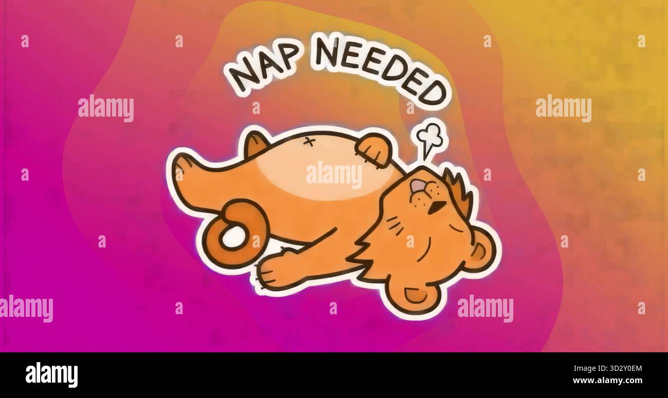 Ruhender Cartoon-Löwenjunge, der auf dem Rücken über einem magentafarbenen bis gelb-orangen Farbverlauf liegt, mit NAP-BENÖTIGTEM Text Stockfoto