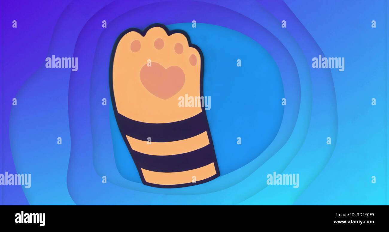 Orangefarbenes Symbol mit Pfotenmuster vor Papierhintergrund, das Herzpolster und schwarze Streifen hervorhebt Stockfoto