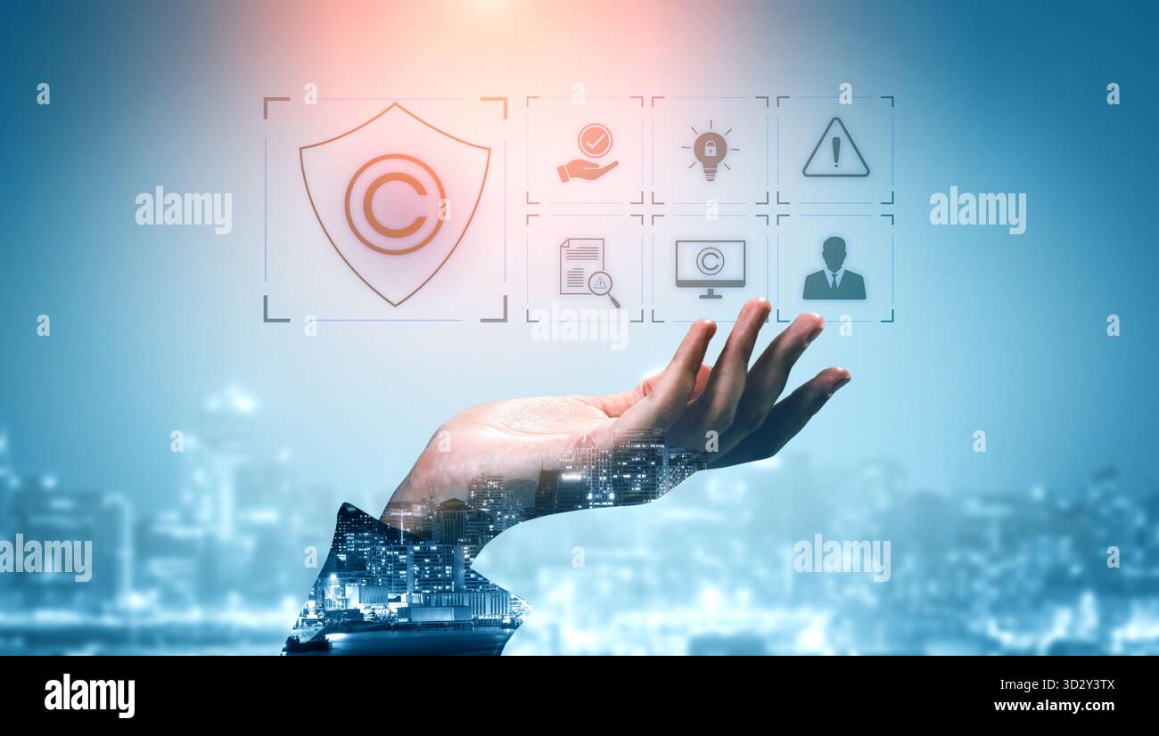 Digitales Urheberrechtsschutzsystem, das sichere Eigentumsrechte, geistige Eigentumsrechte, Überprüfung von Inhalten und rechtliche Warnsymbole für Ersteller anzeigt Stockfoto