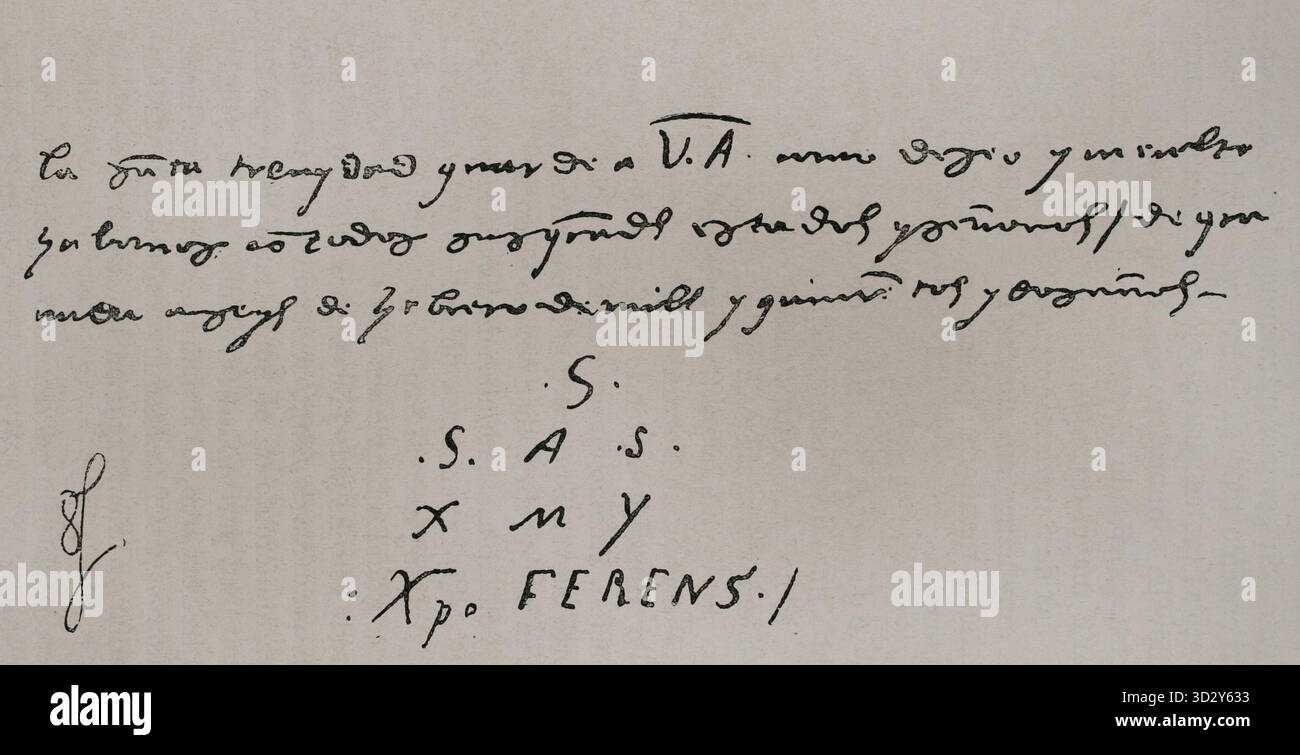 Christoph Kolumbus (1451-1506). Navigator, Kartograf und Admiral. Er diente der Krone von Kastilien. Entdecker von Amerika im Jahr 1492. Faksimile von Christoph Kolumbus Unterschrift auf einem Brief an die katholischen Monarchen, datiert in Granada am 6. Februar 1502, in dem einige Überlegungen zur Kunst der Schifffahrt dargelegt wurden. Amerika. Geschichte der Entdeckung von der Urzeit bis zur Neuzeit, geschrieben von Rodolfo Cronau. Band I. veröffentlicht in Barcelona, 1892. Stockfoto