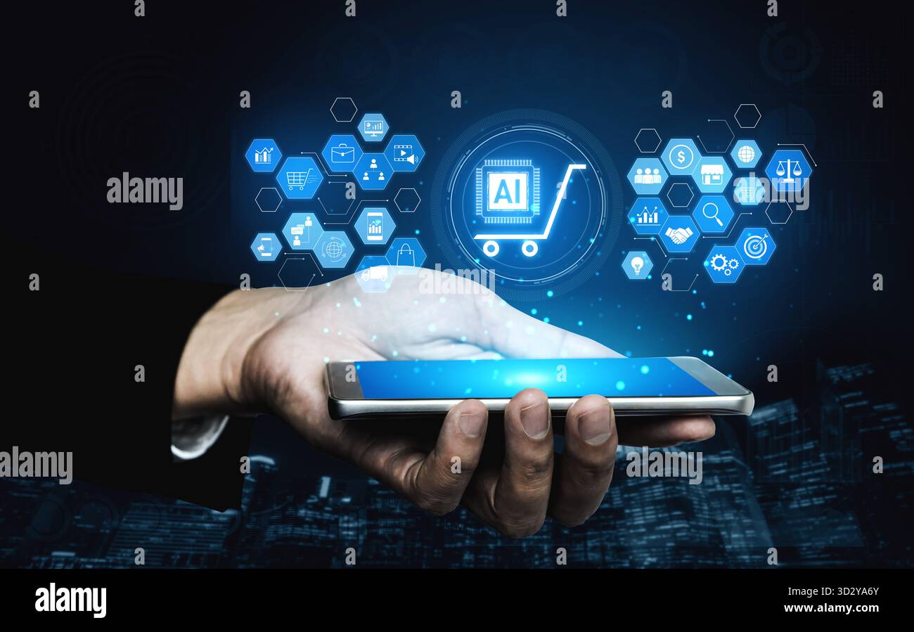 KI-gestütztes E-Commerce-Ökosystem, das Kundendaten, Marketing, Logistik, Produktmanagement und Business Intelligence miteinander verbindet, um die Effizienz des Einzelhandels zu steigern Stockfoto