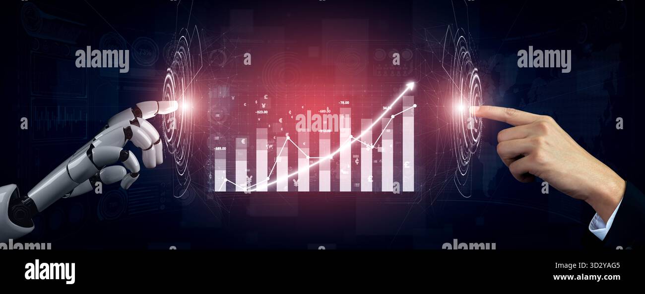 Ein fesselndes Bild, das die Interaktion zwischen einer Roboterhand und einer menschlichen Hand zeigt und die Harmonie von Technologie und menschlicher Kreativität symbolisiert Stockfoto