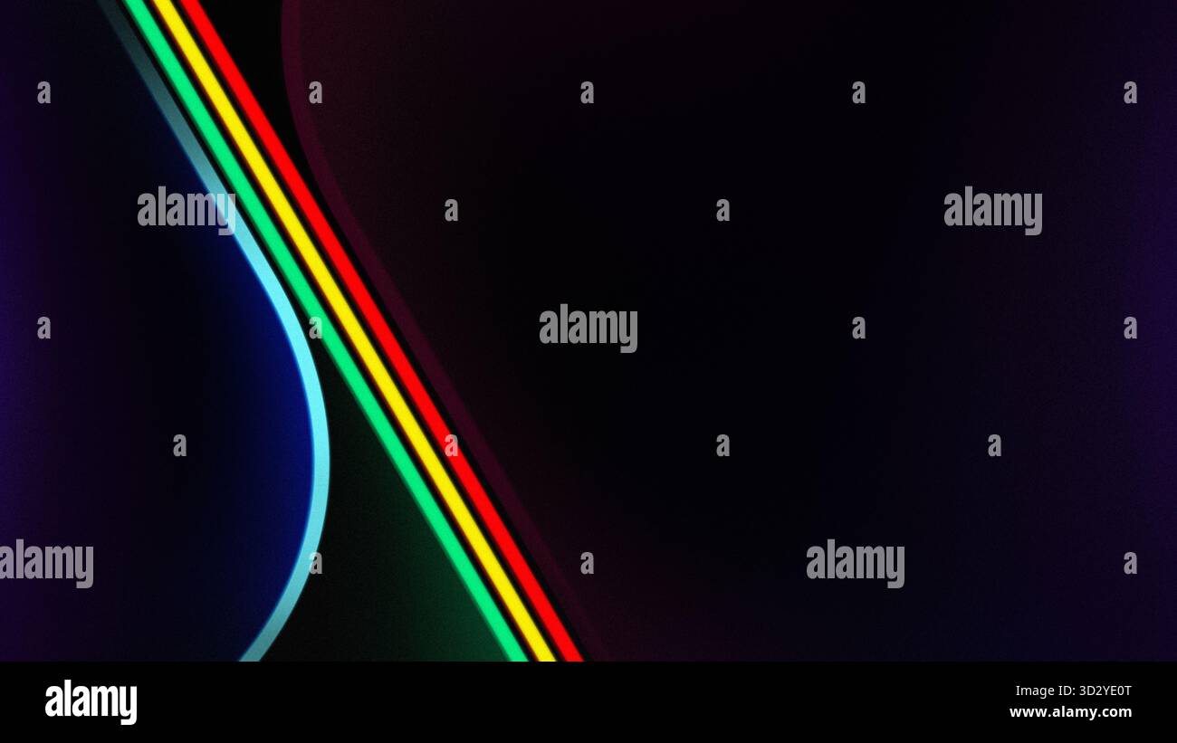 Bunte und leuchtende Linien auf schwarzem Hintergrund mit Kopierraum. Abstrakter, hochauflösender, körniger und moderner Hintergrund. Stockfoto