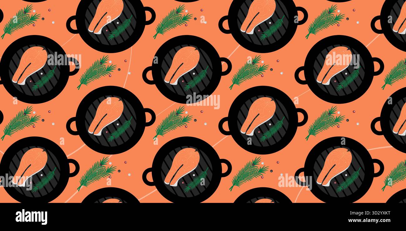 Lachssteak mit Pfefferhörnern und Rosmarinzweigen nahtloses Muster Banner Format gesunde Ernährung Fond. Isolierte Vektor-Illustration für Lebensmittel Poster oder Rezept Menü Karten Hintergrund Banner, Broschüre, Etiketten Stock Vektor