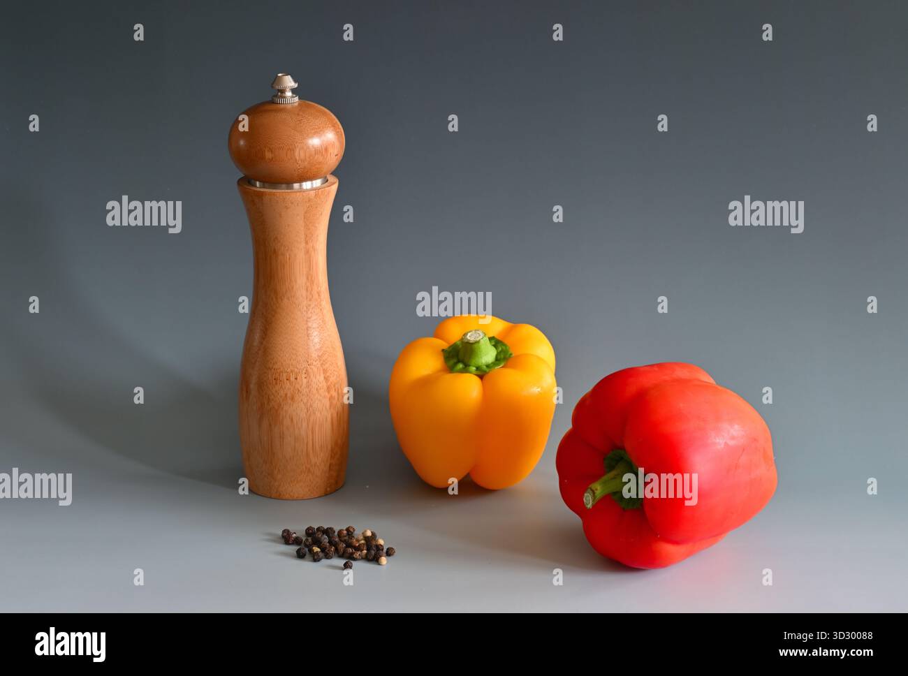 Salzmühle, Pfeffermühle, Pfeffer und bunte Paprika Stockfoto