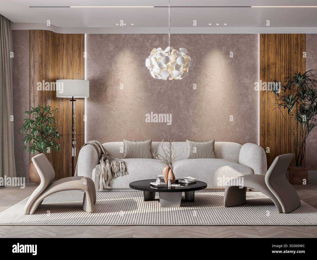 Wohnzimmer in neutralen Farben mit skulpturalen Möbeln, strukturierten Wänden, Holztäfelung und dramatischen Sonnenlichtschatten. Fotorealistisches 3D-Rendern Stockfoto