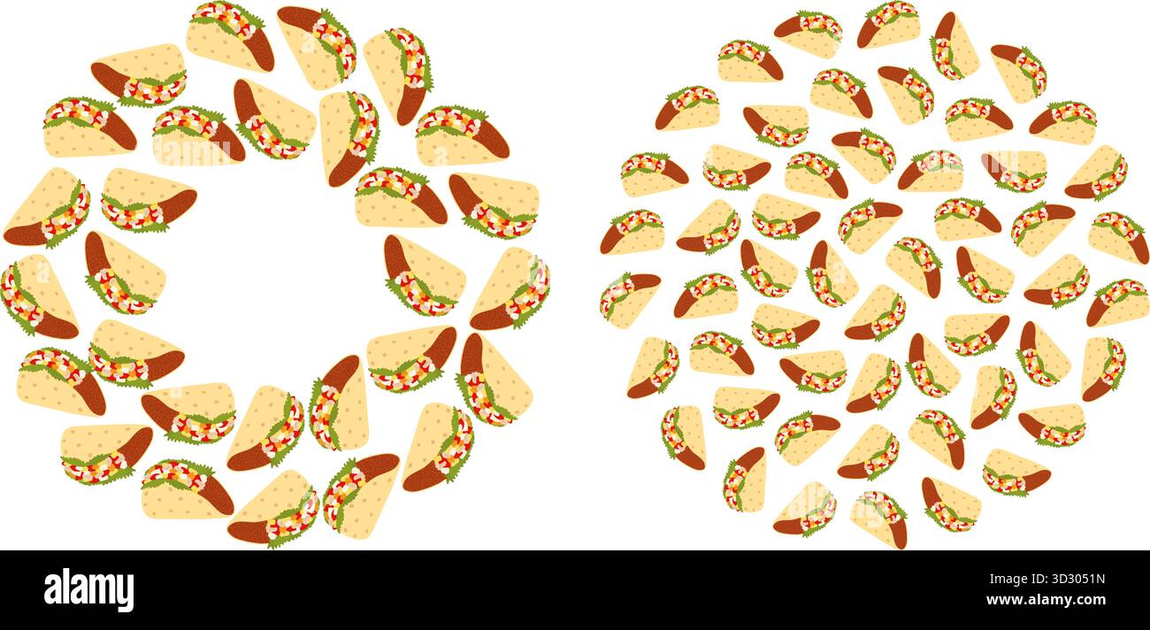 Taco mit grüner Fleischsalsa-Sauce und Gemüse Runder Rahmen und Kreis Hintergrund mexikanisches Fast-Food-Template minimalistisches Design. Isolierte Vektor-Illustration mexikanischer Verwandter Inhalt Menükarten Stock Vektor