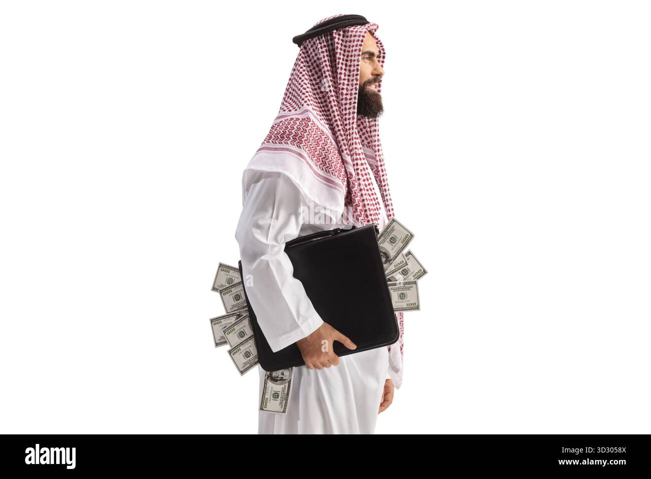 Saudi-arabischer Mann mit einer Aktentasche voller Geld isoliert auf weißem Hintergrund Stockfoto