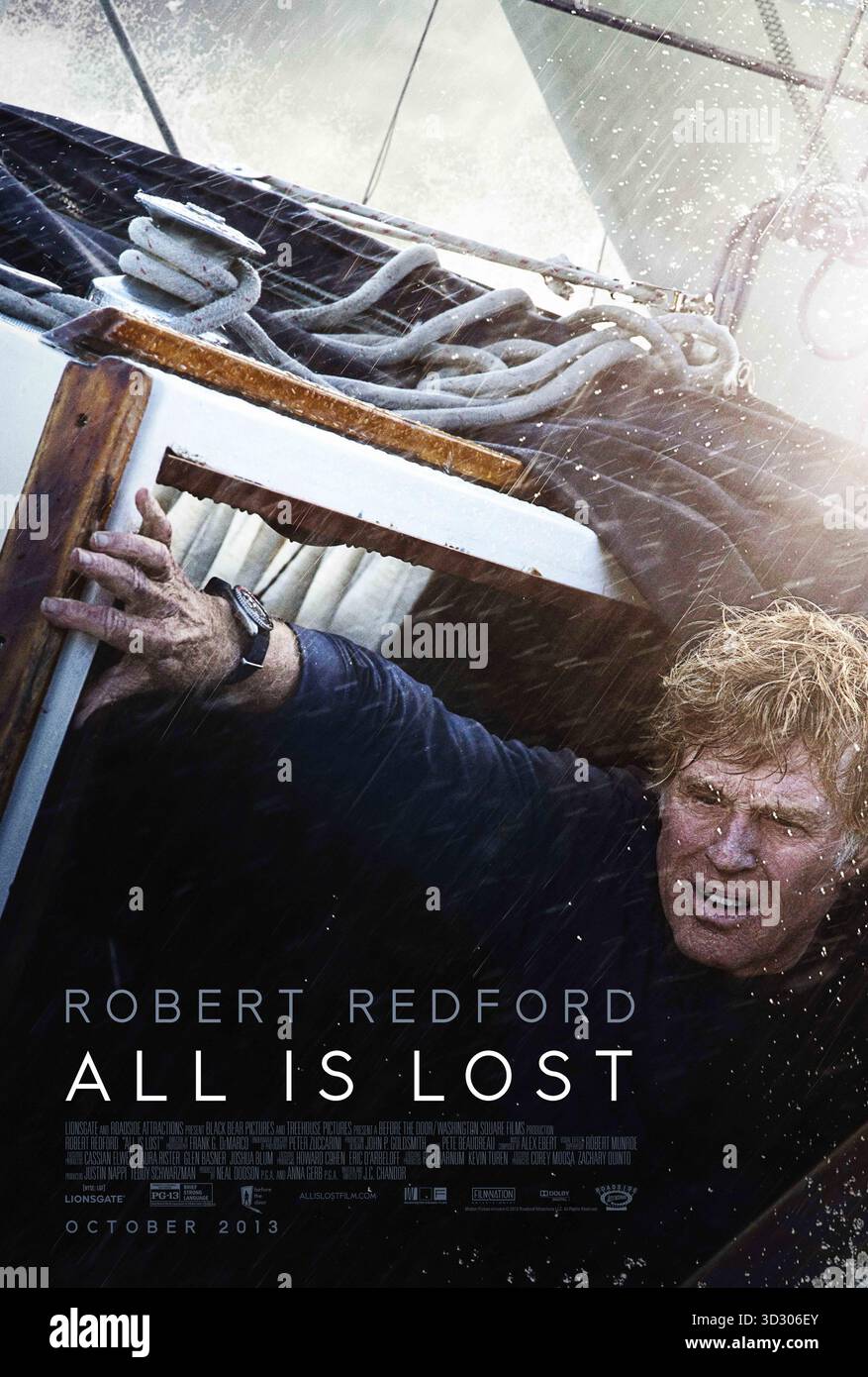 All is Lost (2013) von J.C. Chandor mit Robert Redford. Ein einsamer Matrose kämpft um das Überleben, nachdem seine Yacht beschädigt wurde und er im Indischen Ozean gestrandet ist. US-Poster NUR FÜR REDAKTIONELLE ZWECKE. Quelle: BFA/Lionsgate Stockfoto