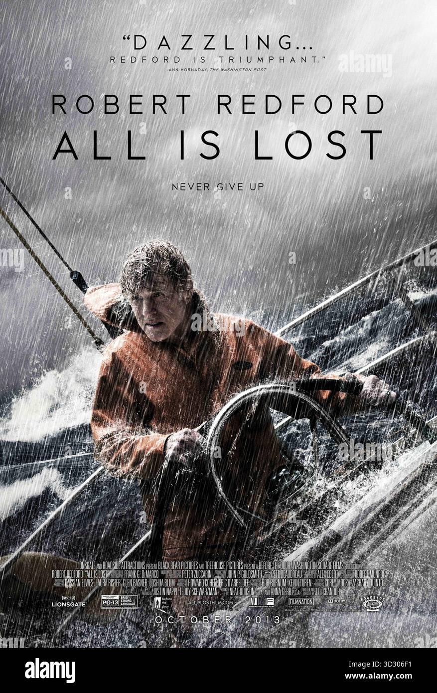 All is Lost (2013) von J.C. Chandor mit Robert Redford. Ein einsamer Matrose kämpft um das Überleben, nachdem seine Yacht beschädigt wurde und er im Indischen Ozean gestrandet ist. US-Poster NUR FÜR REDAKTIONELLE ZWECKE. Quelle: BFA/Lionsgate Stockfoto