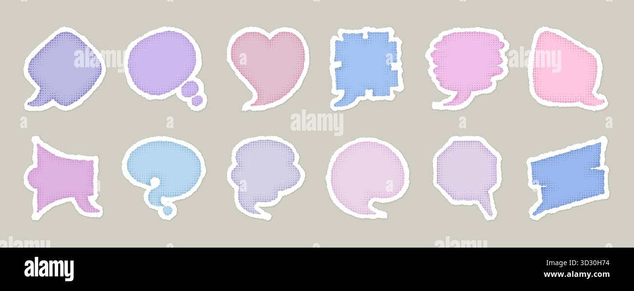 Sprechblase Set. Aufkleber mit gerissenem Papierrand und pastellfarbenen Punkten. Herz, Megaphon, Fragezeichen, Nachrichtendialog Cloud, Sprechen im Chat, unregelmäßige Formen, überlappende Schichten ausschneiden Stock Vektor