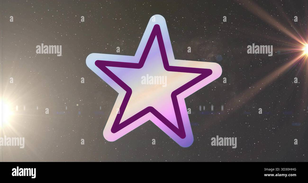 Schwebender, fünfzackiger Gradientenstern, der vor dem Hintergrund des Weltraums mit Specksternen und Objektivfackeln leuchtet Stockfoto
