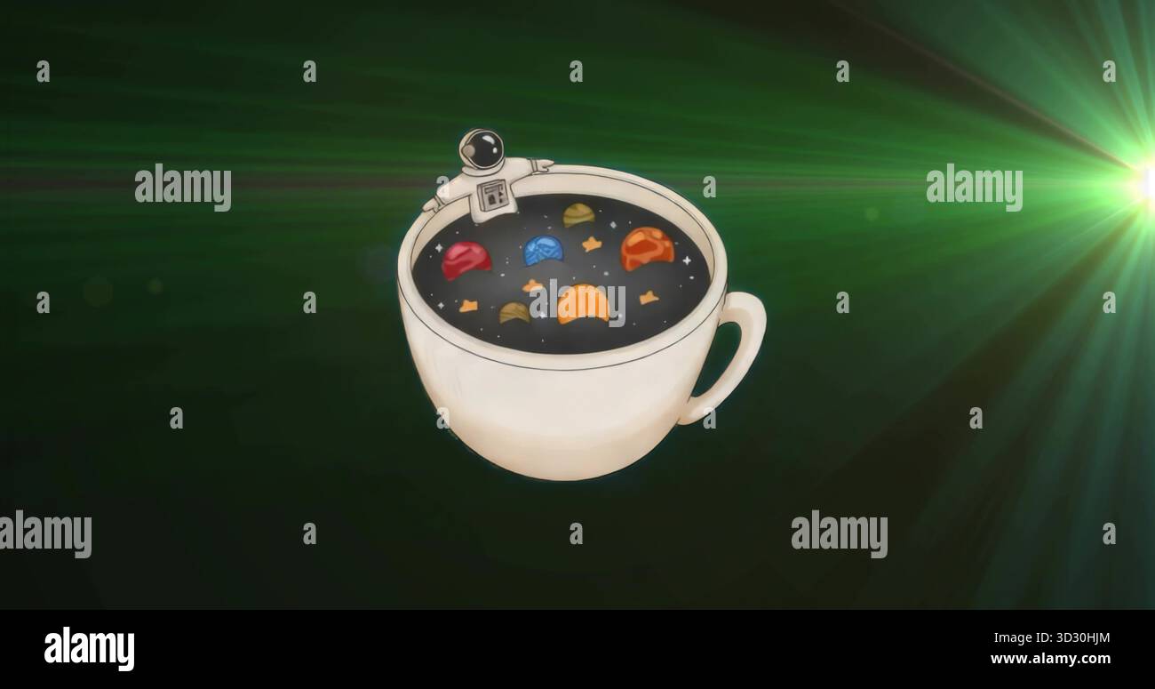 Schwebende weiße Tasse mit schwarzer Flüssigkeit mit Astronauten, Planeten, grünem Linsenfleck auf grünem Hintergrund Stockfoto